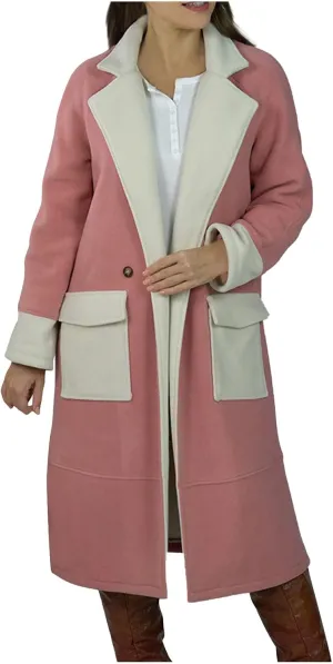 Women's Contrast Color Notch Lapel Button Down Wool Blend Mid Long Pea Trench Coat Casual Loose Overcoats with Pockets