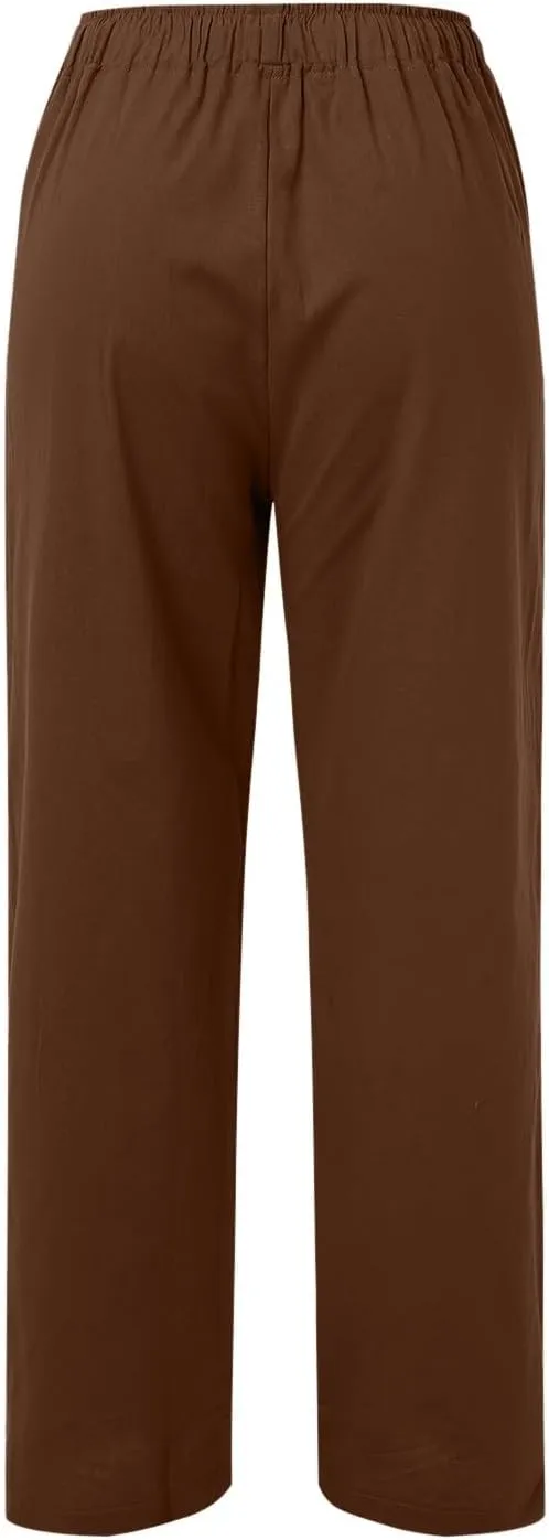 Women's Cotton Linen Pants Elastic High Waist Drawstring Wide Leg Lounge Palazzo Yoga Trousers Gauze Pants