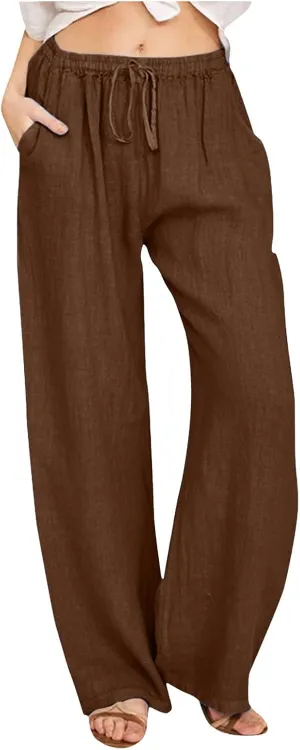 Women's Cotton Linen Pants Elastic High Waist Drawstring Wide Leg Lounge Palazzo Yoga Trousers Gauze Pants