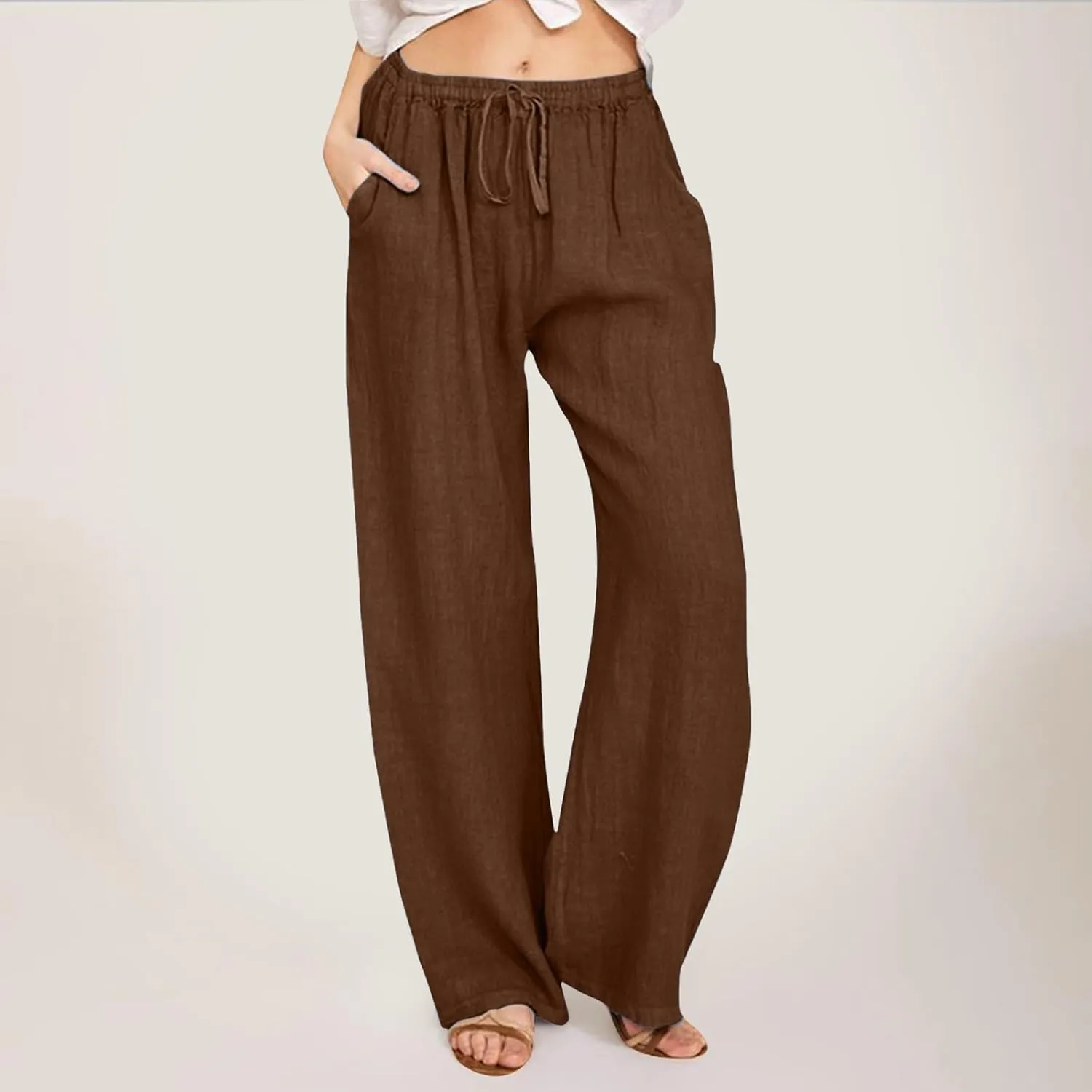 Women's Cotton Linen Pants Elastic High Waist Drawstring Wide Leg Lounge Palazzo Yoga Trousers Gauze Pants