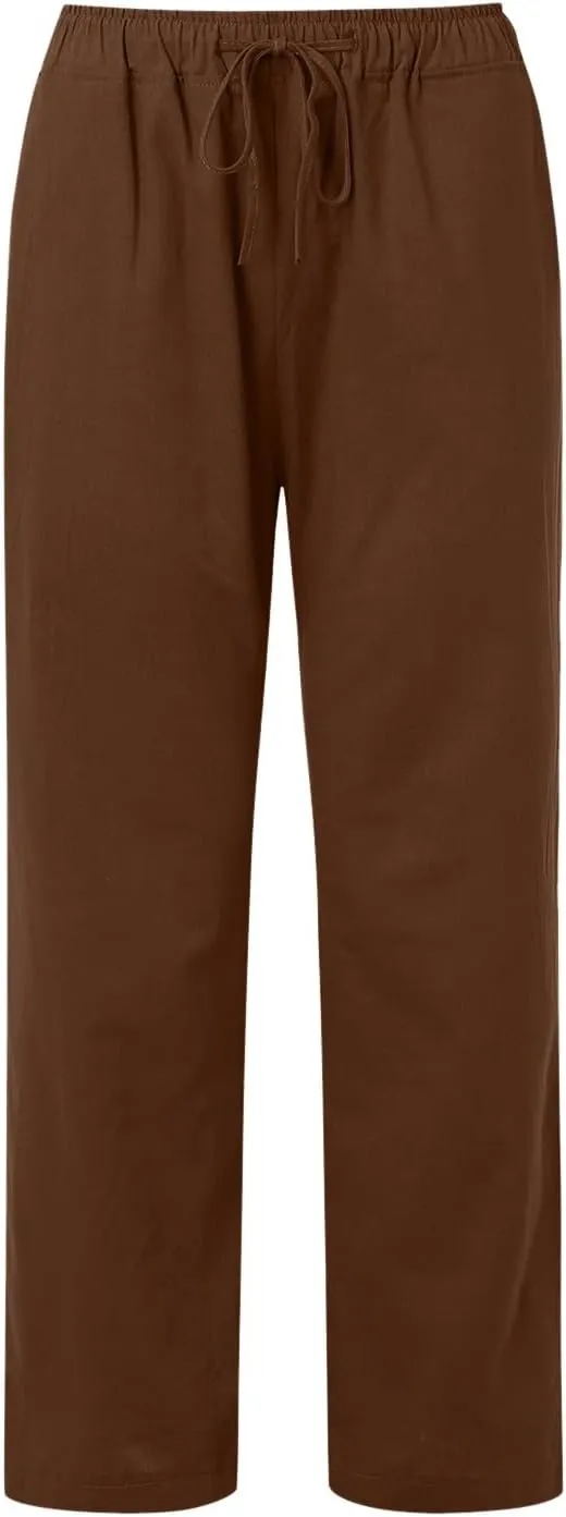 Women's Cotton Linen Pants Elastic High Waist Drawstring Wide Leg Lounge Palazzo Yoga Trousers Gauze Pants