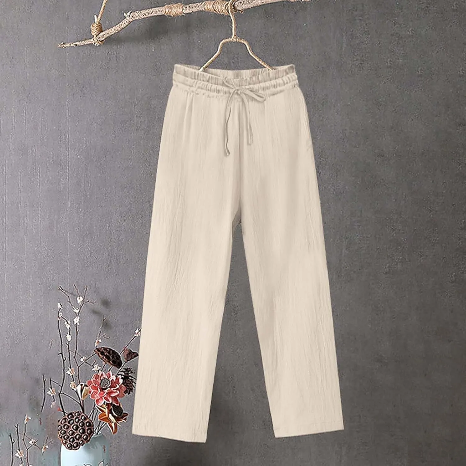 Womens Cotton Linen Pants Pants Fashion Drawstring Elastic Trousers Comfy Sports Athletic Lounge Pants with Pockets