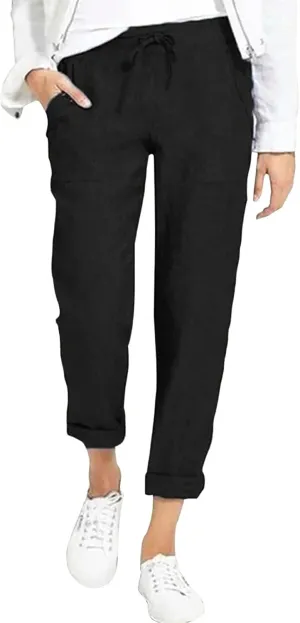Women's Cotton Linen Trousers Solid Color High Waist Pocket Loose Fit Casual Trousers Flared Lace Pants