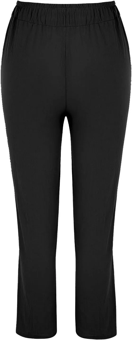 Women's Cotton Linen Trousers Solid Color High Waist Pocket Loose Fit Casual Trousers Flared Lace Pants