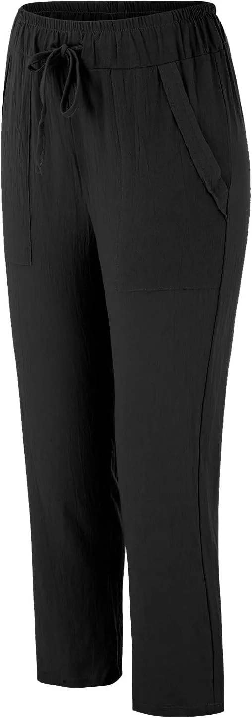 Women's Cotton Linen Trousers Solid Color High Waist Pocket Loose Fit Casual Trousers Flared Lace Pants