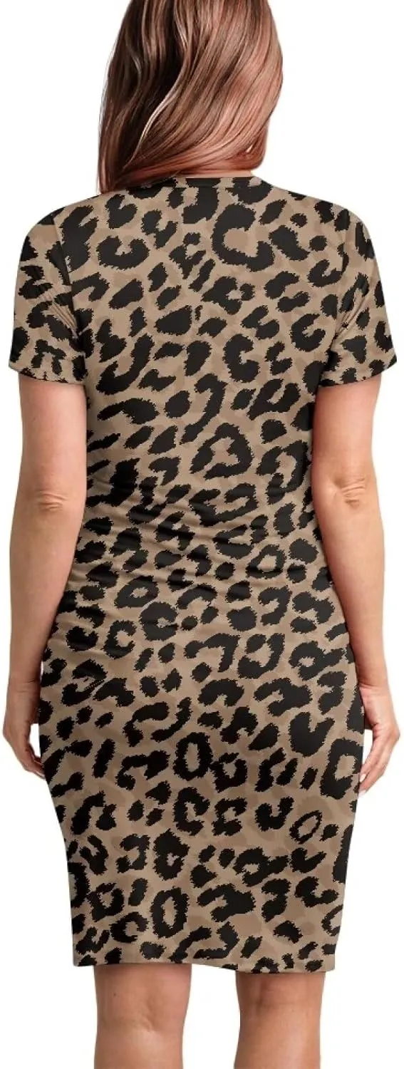 Women's Crewneck Short Sleeve Maternity Bodycon Midi Dress Ruched Pregnancy Dress for Photoshoot Baby Shower S-2XL