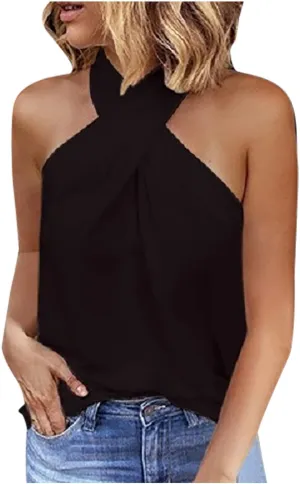 Womens Criss Cross Halter Tops Summer Sleeveless Sexy Casual Lightweight Tank Top Backless Trendy Blouse