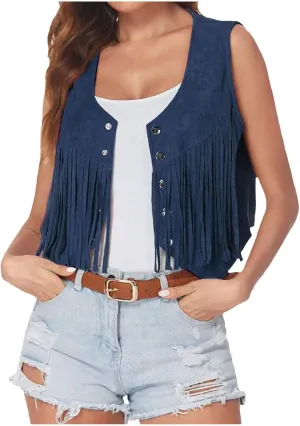 Womens Crop Vest Jacket Faux Suede Tassel Button Cardigan Coat Cowgirls 70s Hippie Cool Sleeveless Open Front Vest