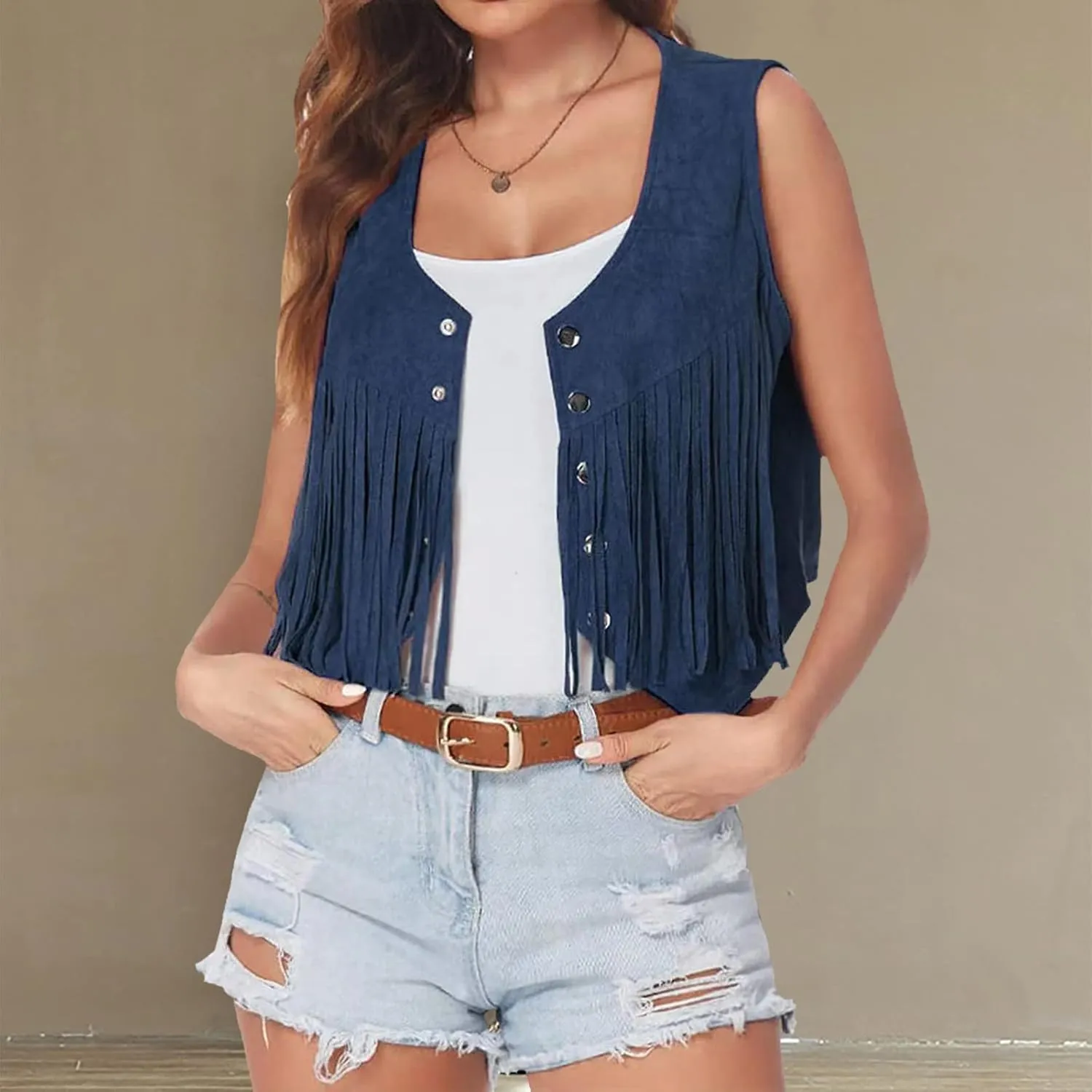 Womens Crop Vest Jacket Faux Suede Tassel Button Cardigan Coat Cowgirls 70s Hippie Cool Sleeveless Open Front Vest