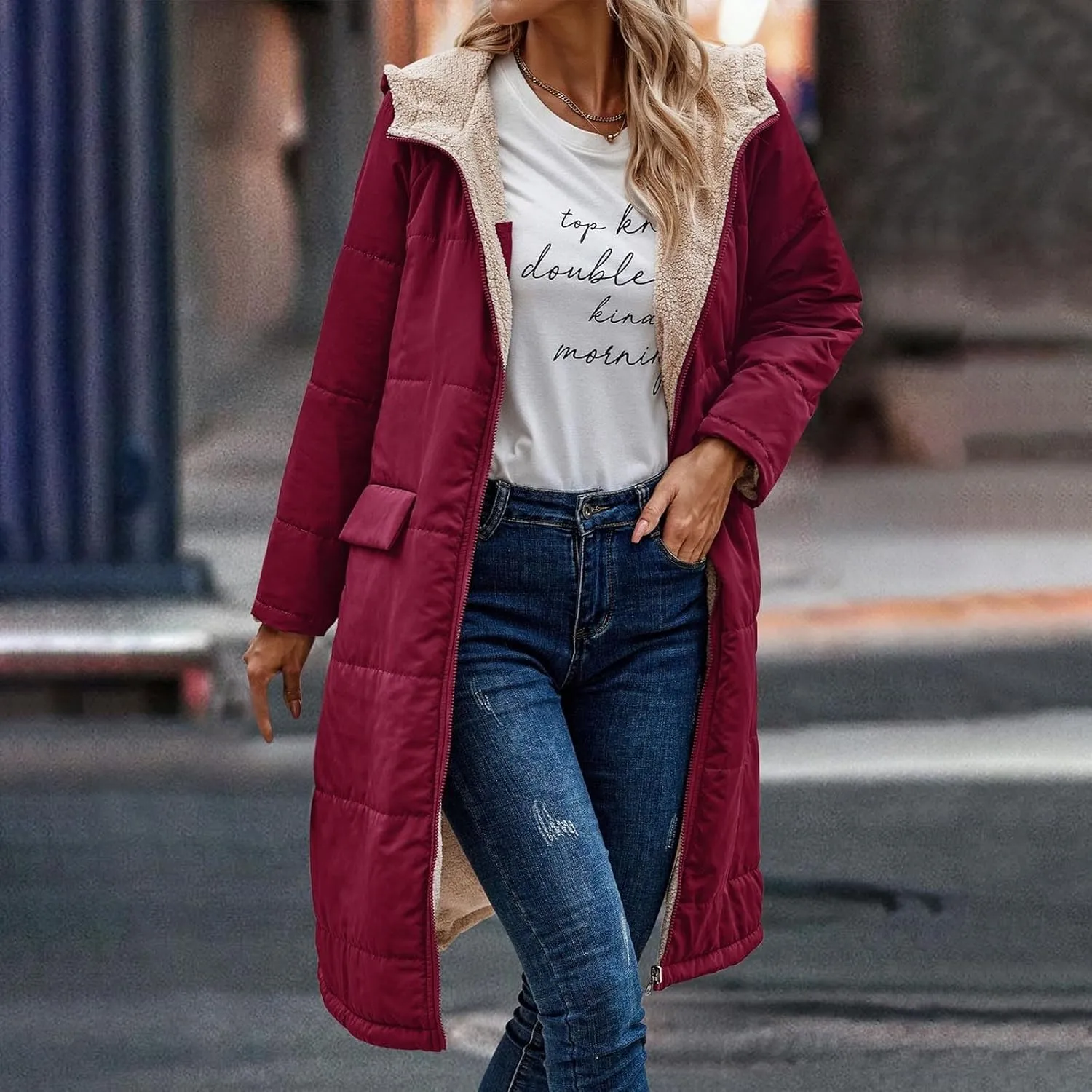 Womens Fleece Lined Parka Warm Sherpa Jacket Winter Coat with Hood Thick Down Jacket Outerwear Coat with Pockets
