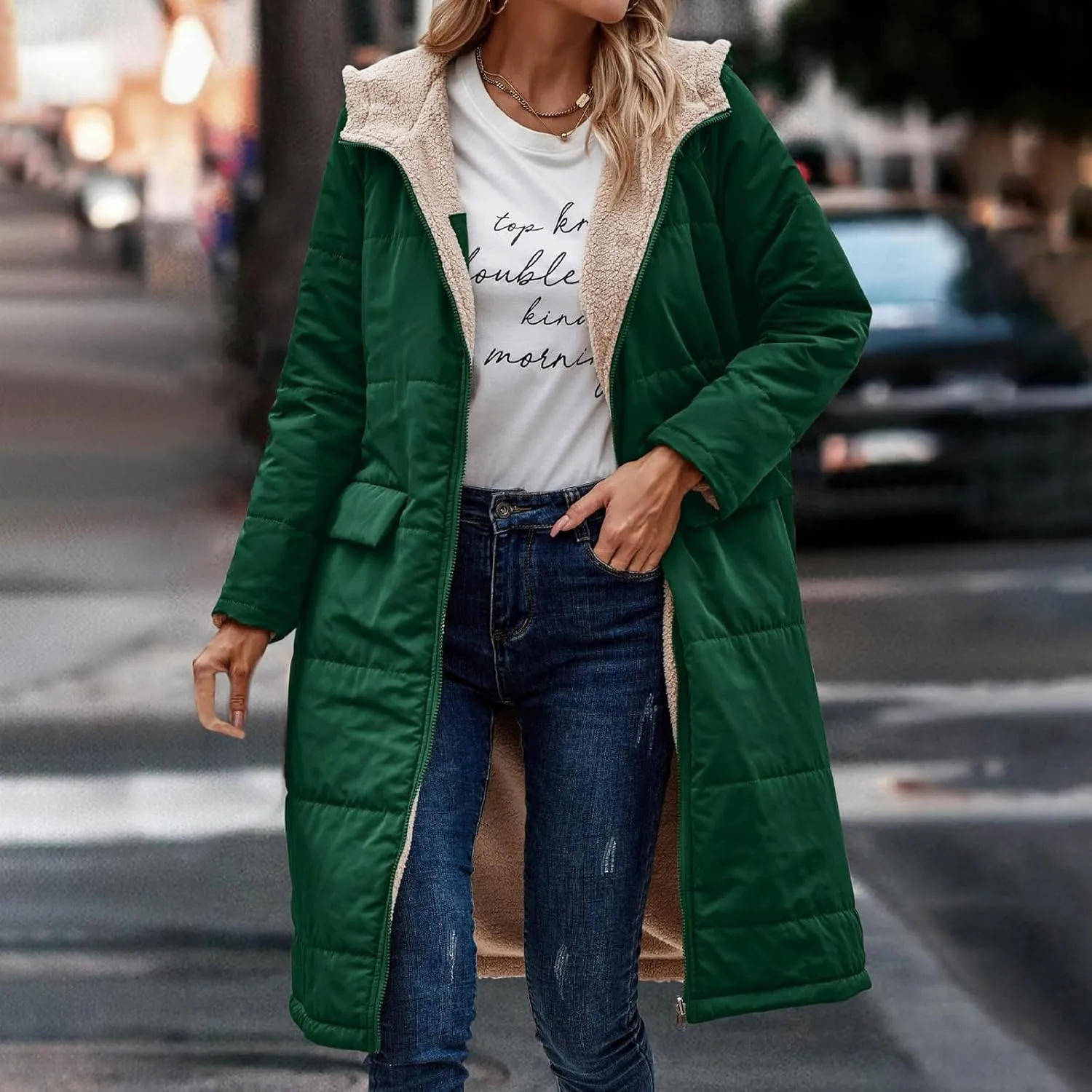 Womens Fleece Lined Parka Warm Sherpa Jacket Winter Coat with Hood Thick Down Jacket Outerwear Coat with Pockets