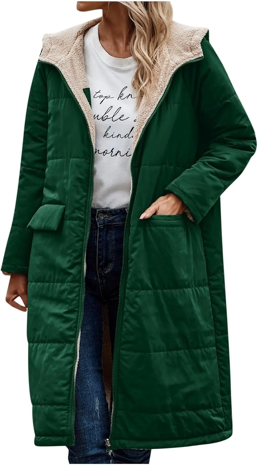 Womens Fleece Lined Parka Warm Sherpa Jacket Winter Coat with Hood Thick Down Jacket Outerwear Coat with Pockets