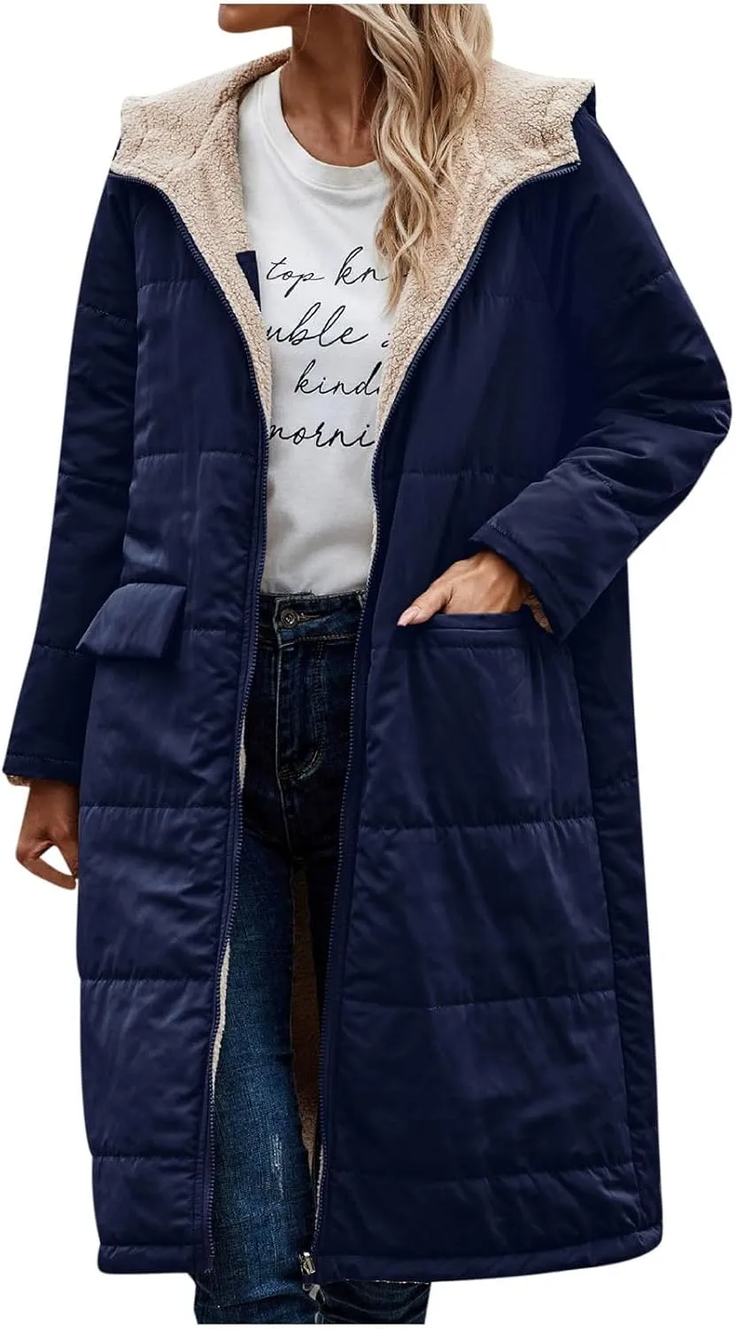 Womens Fleece Lined Parka Warm Sherpa Jacket Winter Coat with Hood Thick Down Jacket Outerwear Coat with Pockets
