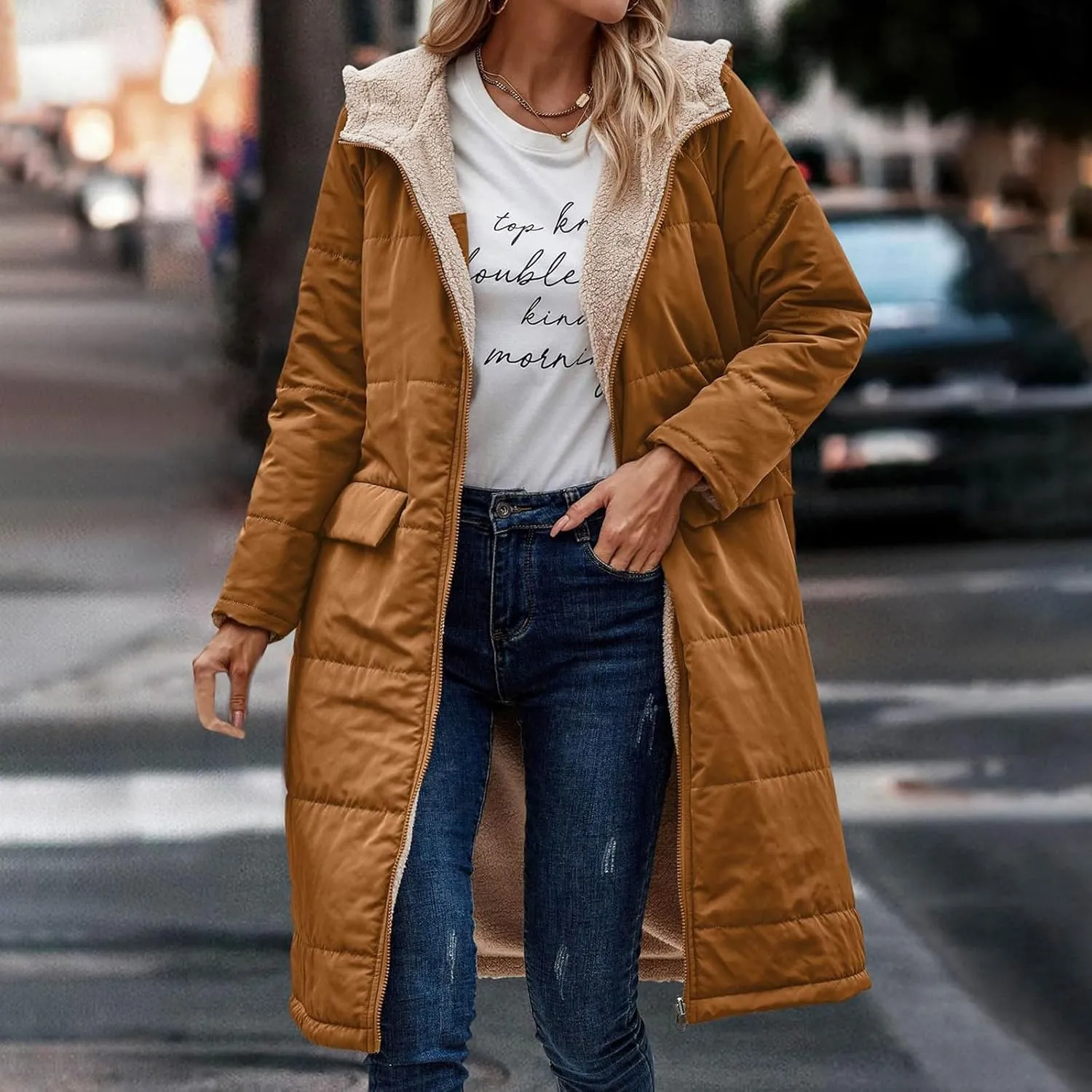 Womens Fleece Lined Parka Warm Sherpa Jacket Winter Coat with Hood Thick Down Jacket Outerwear Coat with Pockets