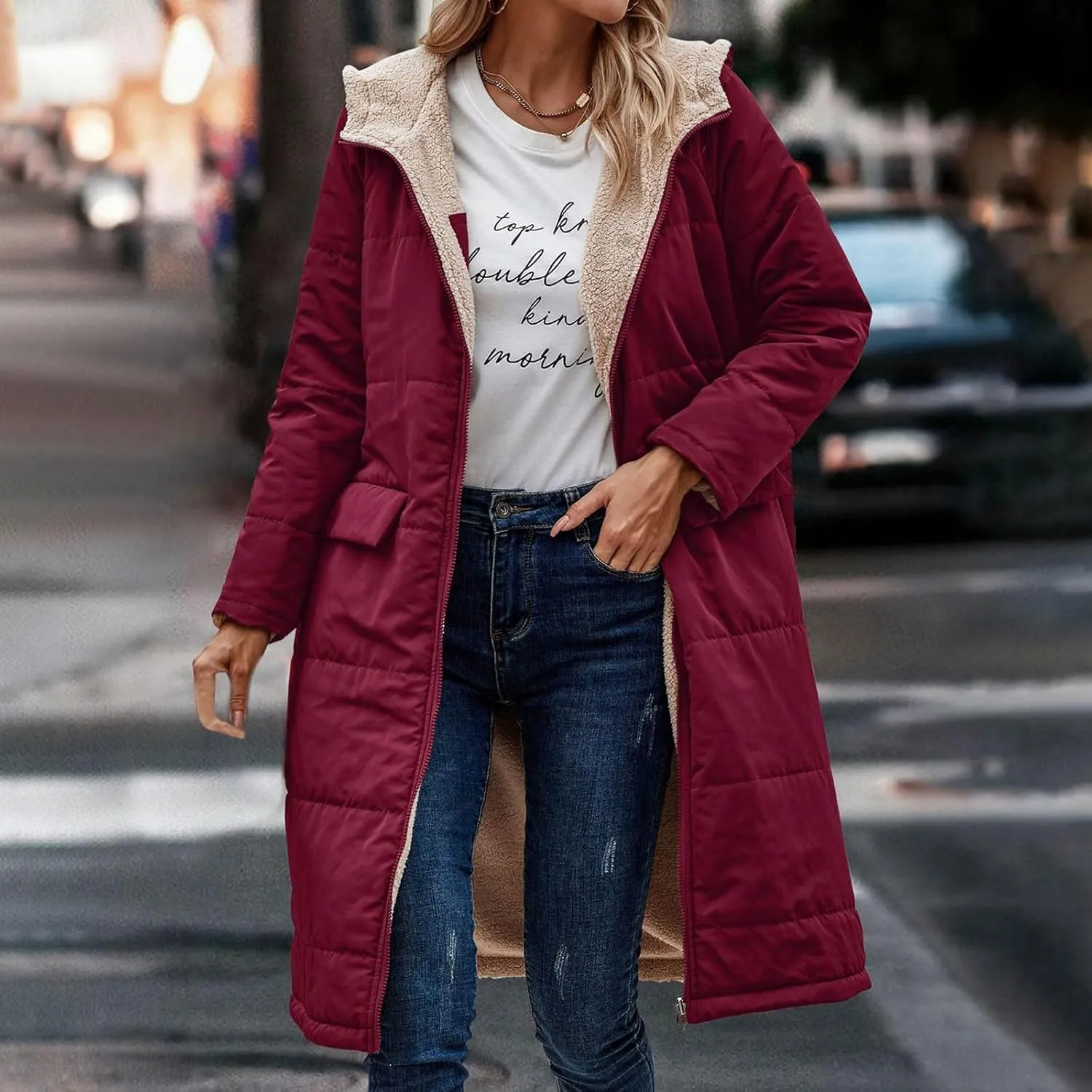 Womens Fleece Lined Parka Warm Sherpa Jacket Winter Coat with Hood Thick Down Jacket Outerwear Coat with Pockets