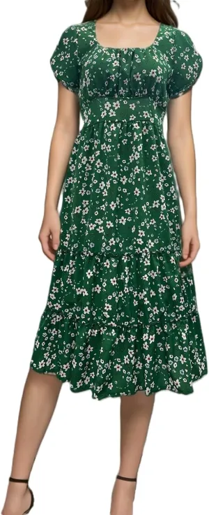 Womens Floral Knee Length A Line Dress Tiered Loose Fitting Puff Sleeve Trendy Square Neck Sun Dress