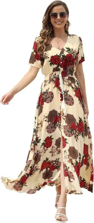 Women's Floral Maxi Dresses Casual Long Summer Boho Beach Dress Short Sleeve Button Up Split Party Dress