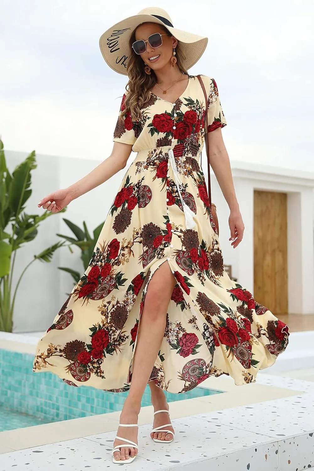 Women's Floral Maxi Dresses Casual Long Summer Boho Beach Dress Short Sleeve Button Up Split Party Dress