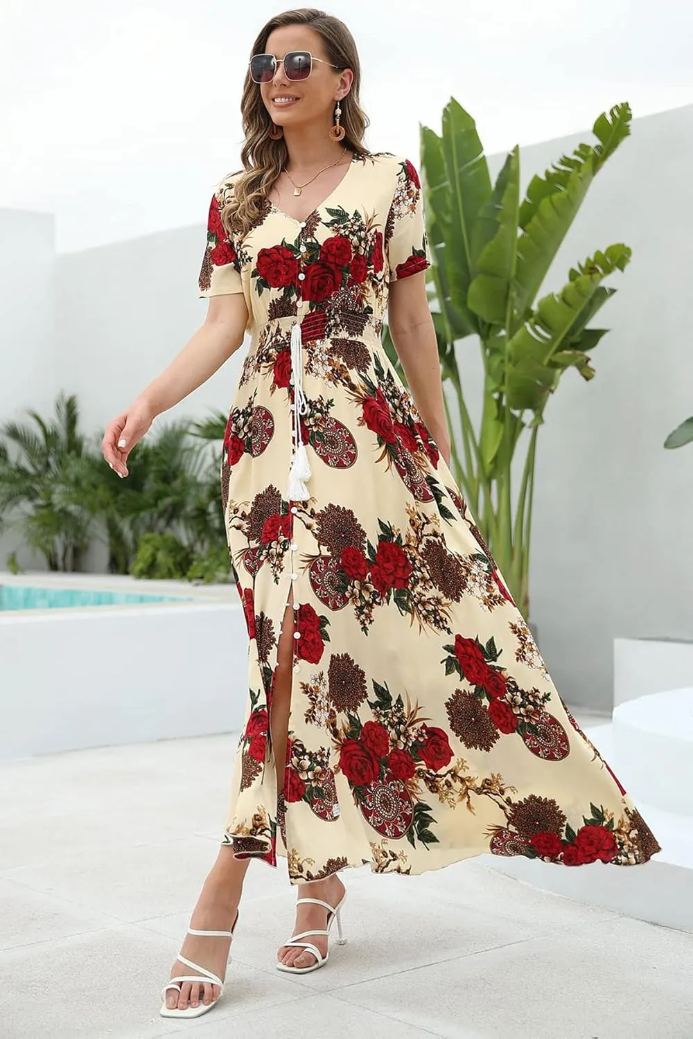 Women's Floral Maxi Dresses Casual Long Summer Boho Beach Dress Short Sleeve Button Up Split Party Dress