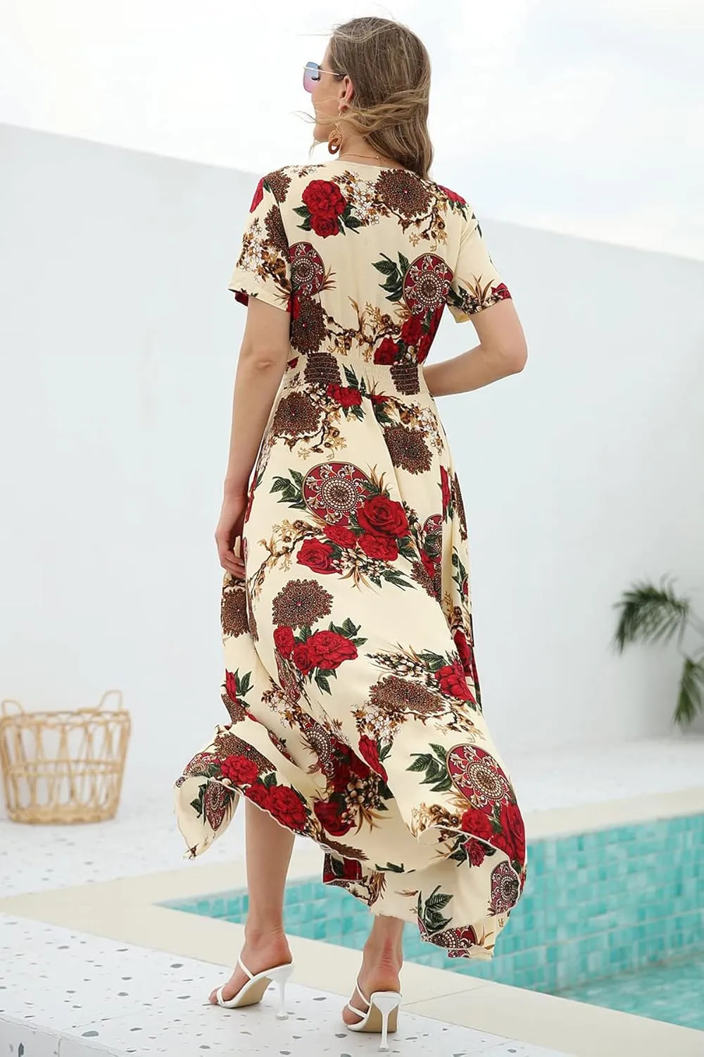 Women's Floral Maxi Dresses Casual Long Summer Boho Beach Dress Short Sleeve Button Up Split Party Dress