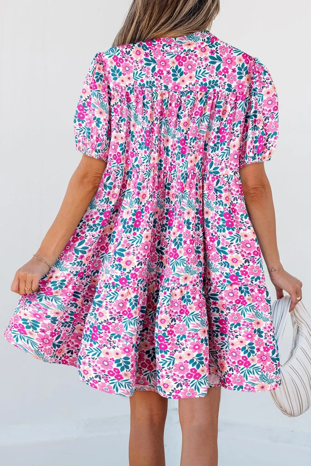 Women's Floral Print Boho Mini Dress Half Placket Puff Short Sleeve V Neck Dress Loose Flowy Swing A Line Sundress