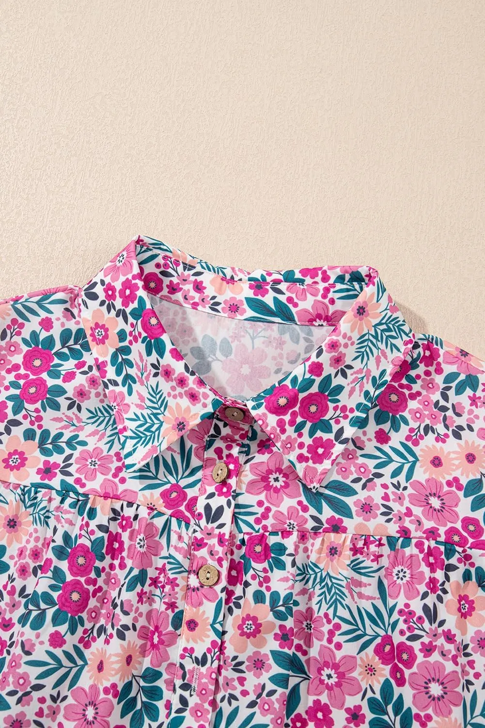 Women's Floral Print Boho Mini Dress Half Placket Puff Short Sleeve V Neck Dress Loose Flowy Swing A Line Sundress