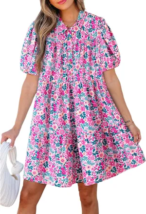 Women's Floral Print Boho Mini Dress Half Placket Puff Short Sleeve V Neck Dress Loose Flowy Swing A Line Sundress