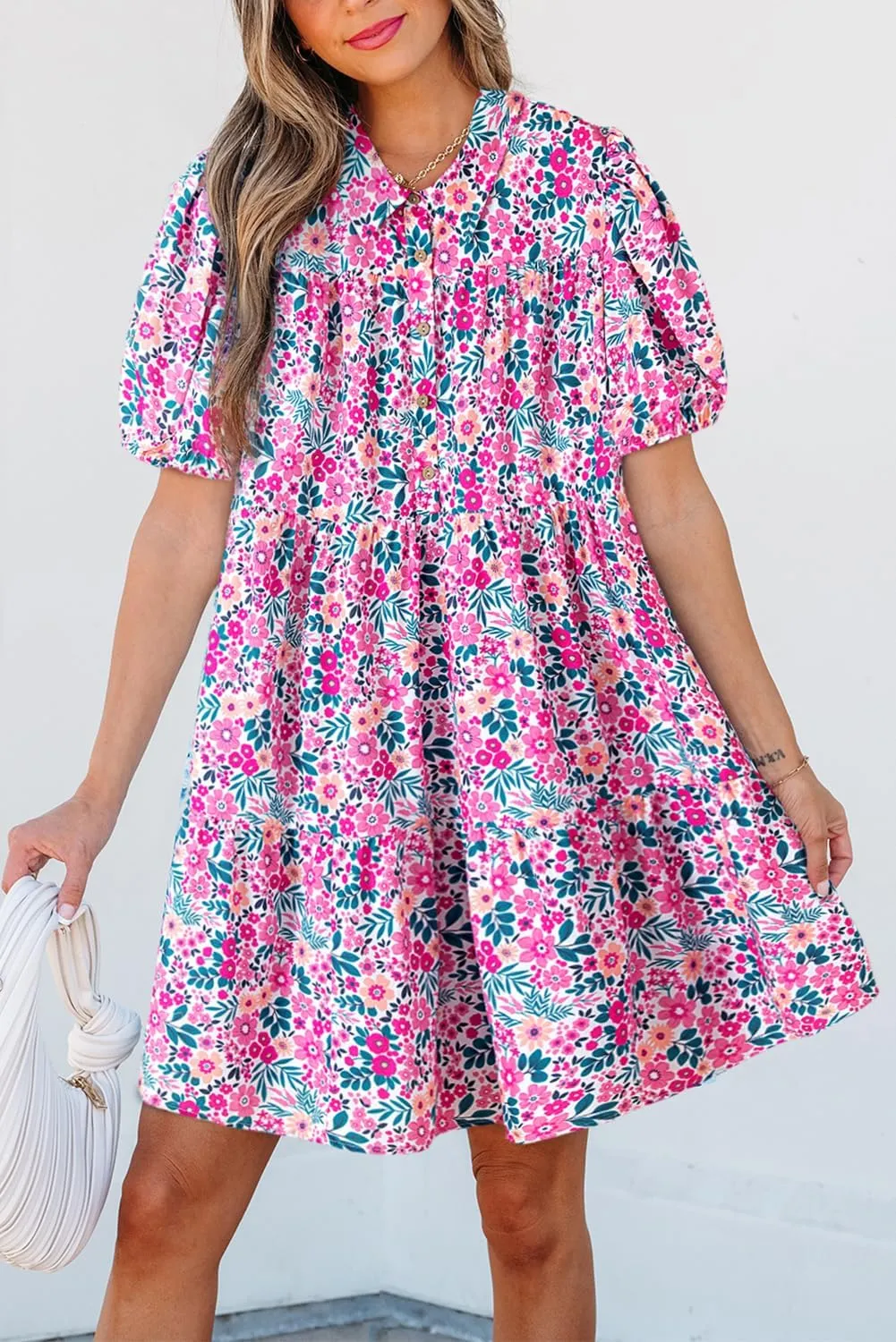 Women's Floral Print Boho Mini Dress Half Placket Puff Short Sleeve V Neck Dress Loose Flowy Swing A Line Sundress