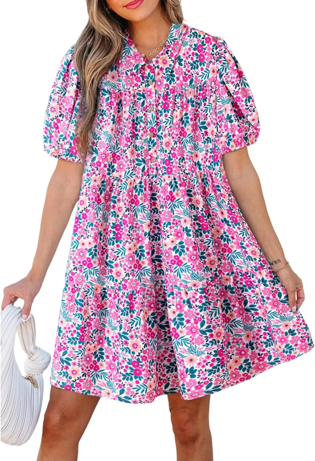 Women's Floral Print Boho Mini Dress Half Placket Puff Short Sleeve V Neck Dress Loose Flowy Swing A Line Sundress