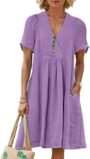 Women's Flowy Cotton Linen Midi Dress Summer Beach Casual Loose Sleeveless Baggy A Line Dress with Pockets
