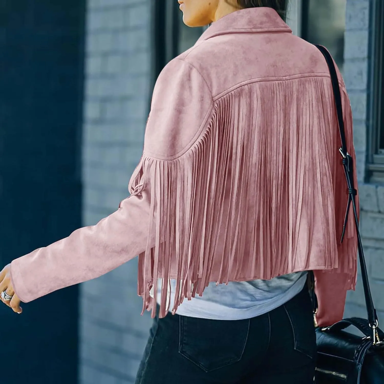 Women's Fringe Faux Suede Leather Jackets Open Front Fashion Tassel Cropped Coat Western Cowboy Jacket Hippie Clothes