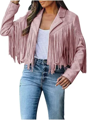 Women's Fringe Faux Suede Leather Jackets Open Front Fashion Tassel Cropped Coat Western Cowboy Jacket Hippie Clothes