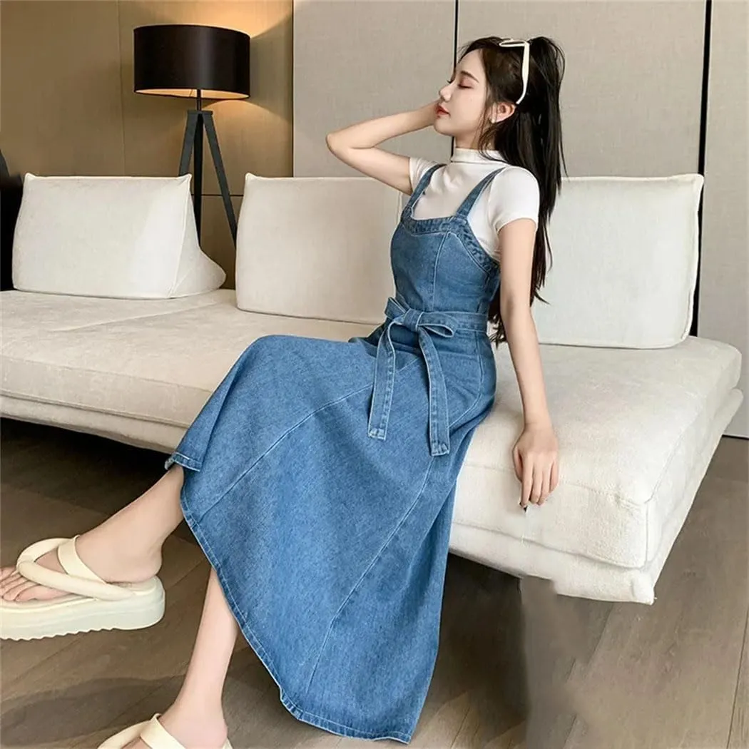 Women's High-Waisted Medium-Length Slimming Bodycon Dress with Tank Top Denim Skirt for Women Denimtank Dress