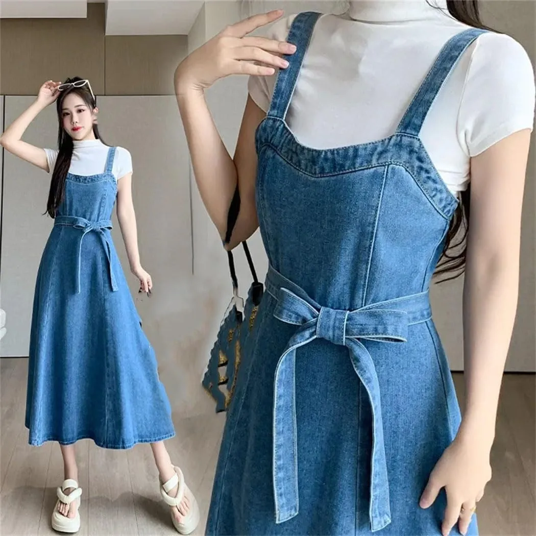 Women's High-Waisted Medium-Length Slimming Bodycon Dress with Tank Top Denim Skirt for Women Denimtank Dress