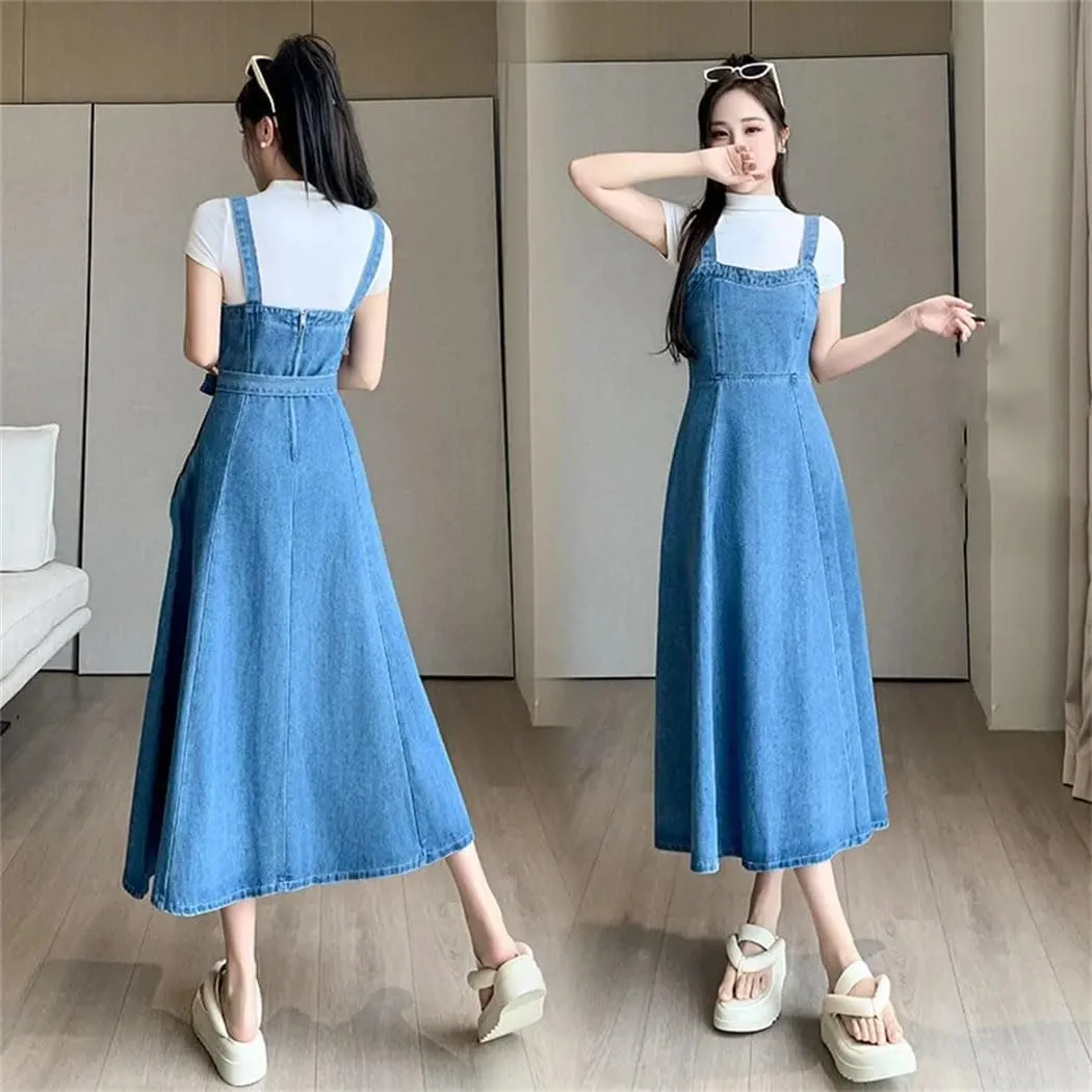 Women's High-Waisted Medium-Length Slimming Bodycon Dress with Tank Top Denim Skirt for Women Denimtank Dress