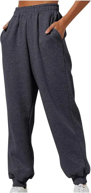 Womens High Waisted Sweatpants with Pockets 2024 Fall Y2k Jogger Pants Baggy Lounge Trousers Cinch Bottom Sweatpants