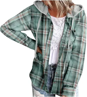 Womens Hooded Long Sleeve Flannel Plaid Shirts Lapel Button Down Shacket Jacket Coats 2023 Fall Fashion Coats