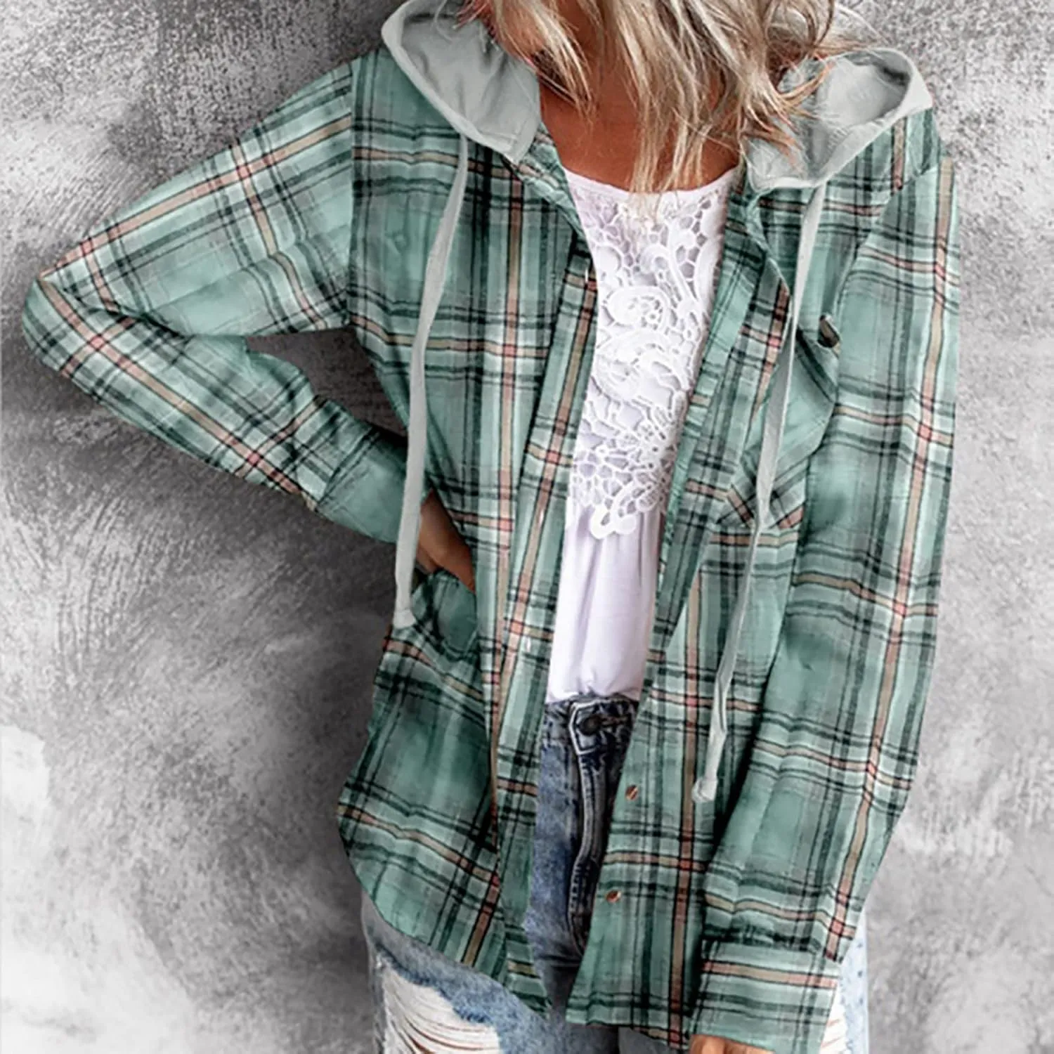 Womens Hooded Long Sleeve Flannel Plaid Shirts Lapel Button Down Shacket Jacket Coats 2023 Fall Fashion Coats