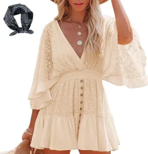 Womens Lace Crochet Romper,Plus Size Summer Dresses,Short Beach Dress,Flowy Mini Dress,Batwing Sleeve Sundress