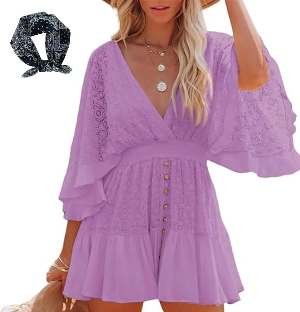 Womens Lace Crochet Romper,Plus Size Summer Dresses,Short Beach Dress,Flowy Mini Dress,Batwing Sleeve Sundress