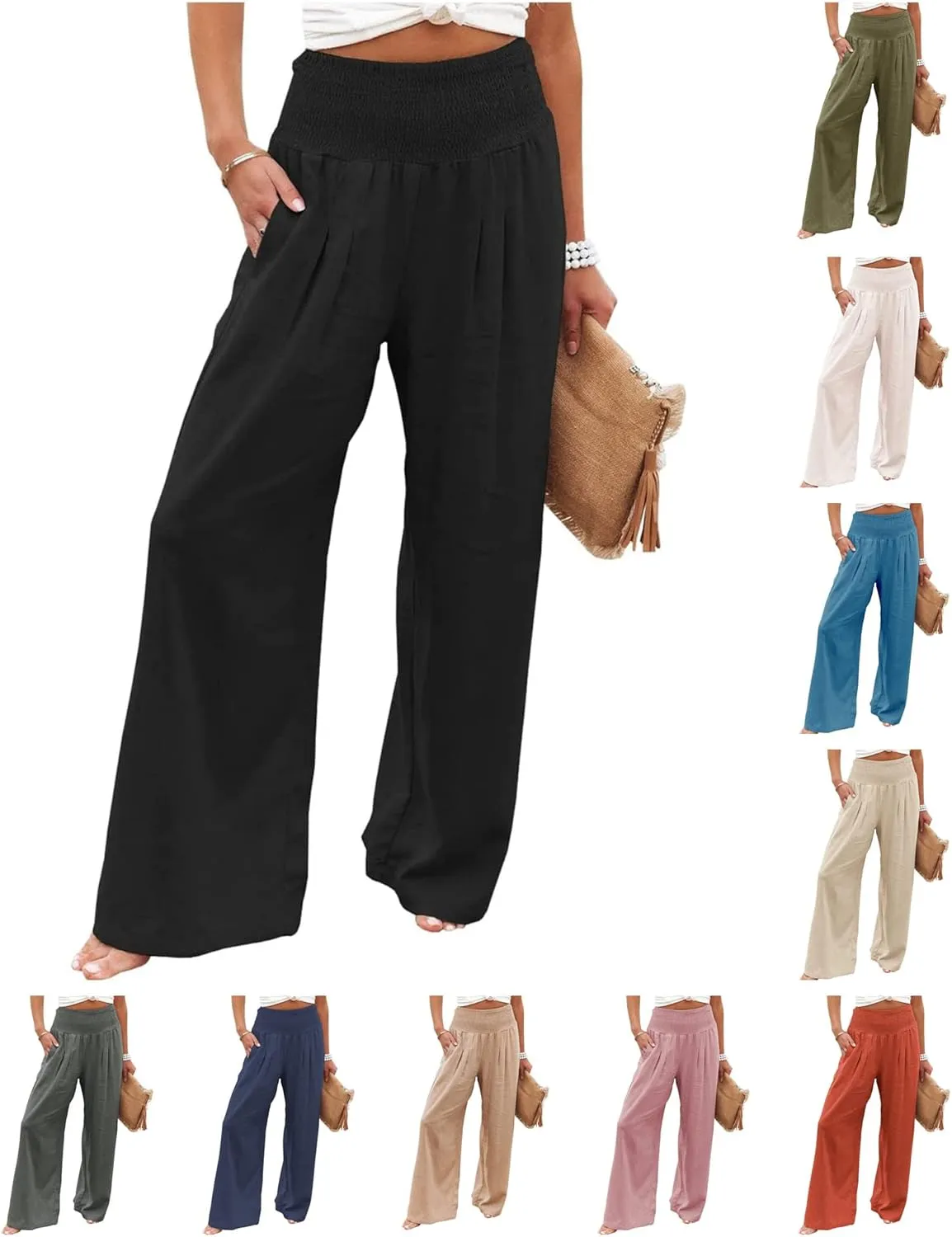 Women's Linen Palazzo Pants Summer High Waisted Boho Wide Leg Long Lounge Pant Trousers with Pocket