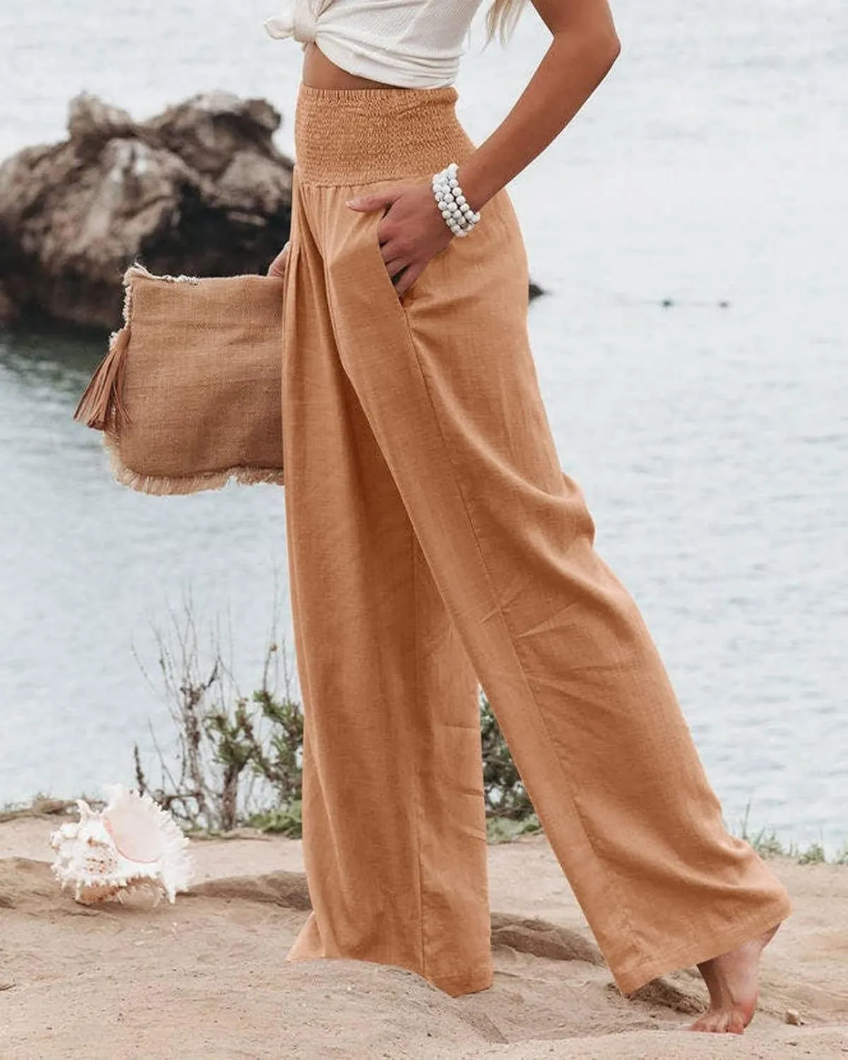 Women's Linen Palazzo Pants Summer High Waisted Boho Wide Leg Long Lounge Pant Trousers with Pocket
