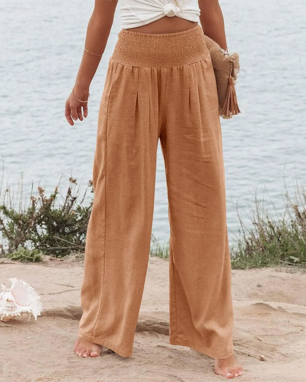 Women's Linen Palazzo Pants Summer High Waisted Boho Wide Leg Long Lounge Pant Trousers with Pocket
