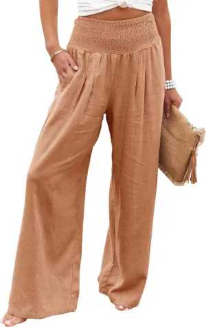 Women's Linen Palazzo Pants Summer High Waisted Boho Wide Leg Long Lounge Pant Trousers with Pocket