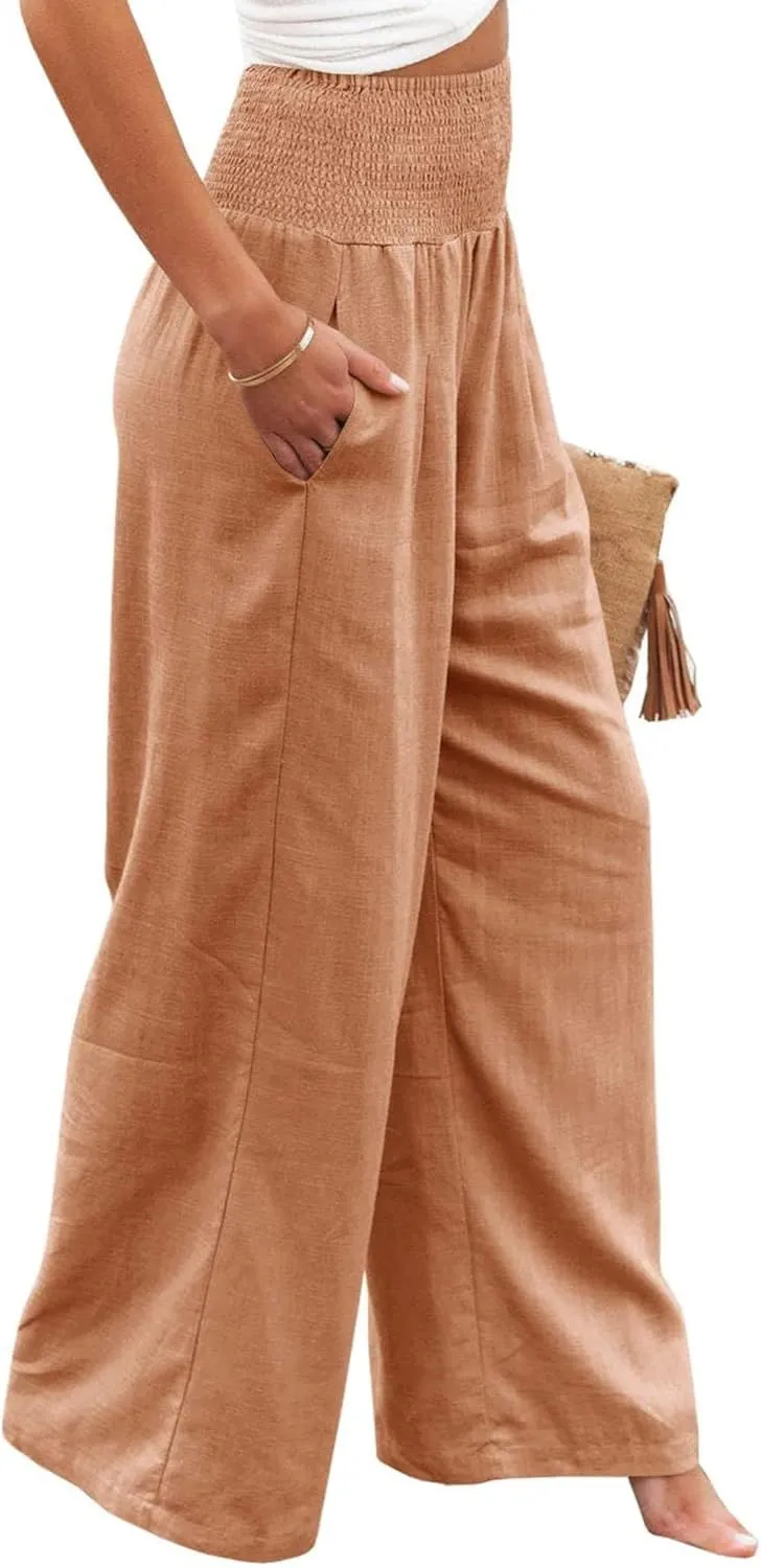 Women's Linen Palazzo Pants Summer High Waisted Boho Wide Leg Long Lounge Pant Trousers with Pocket