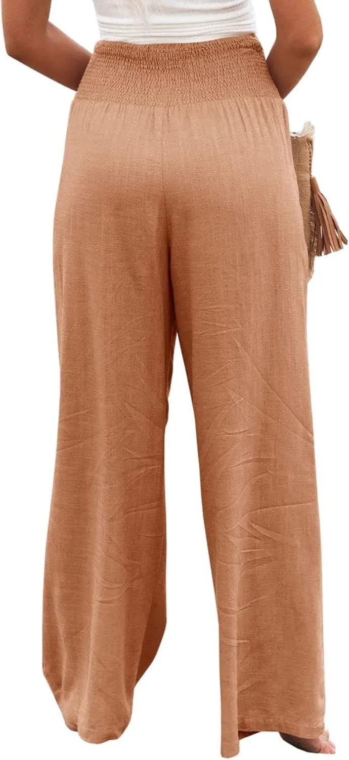 Women's Linen Palazzo Pants Summer High Waisted Boho Wide Leg Long Lounge Pant Trousers with Pocket