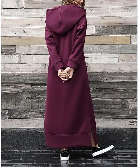 Womens Long Fleece Maxi Hoodie Dresses Baggy Hooded Pullover Sweatshirt Robe Dress with Pockets