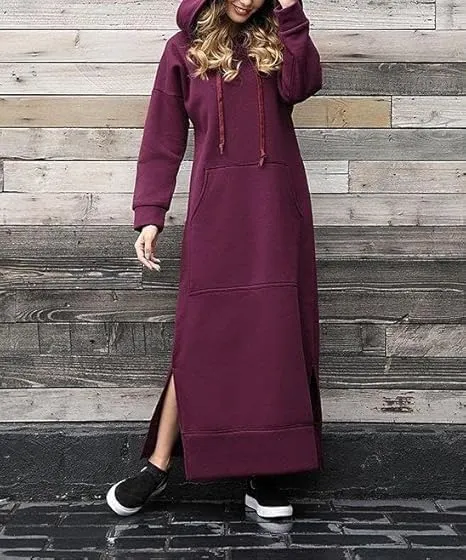 Womens Long Fleece Maxi Hoodie Dresses Baggy Hooded Pullover Sweatshirt Robe Dress with Pockets