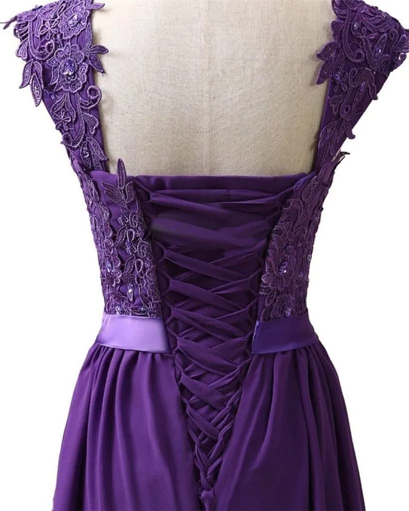 Women's Long Shoulder Straps Lace Chiffon Prom Formal Evening Dress