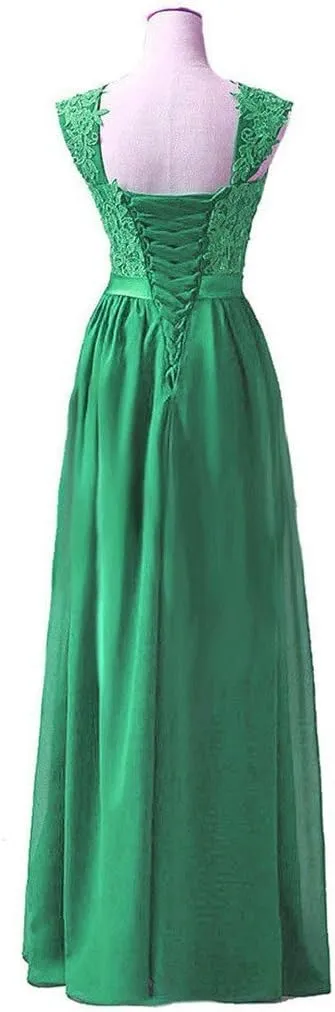 Women's Long Shoulder Straps Lace Chiffon Prom Formal Evening Dress